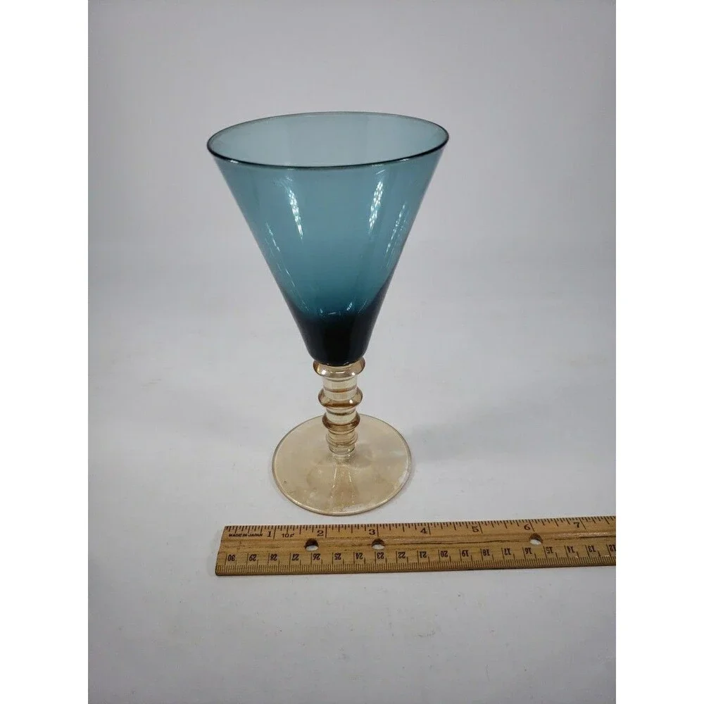 Vintage MCM Smoky Blue Glass Goblet Amber Stepped Ribbed Stem 2-Tone Wine Glass